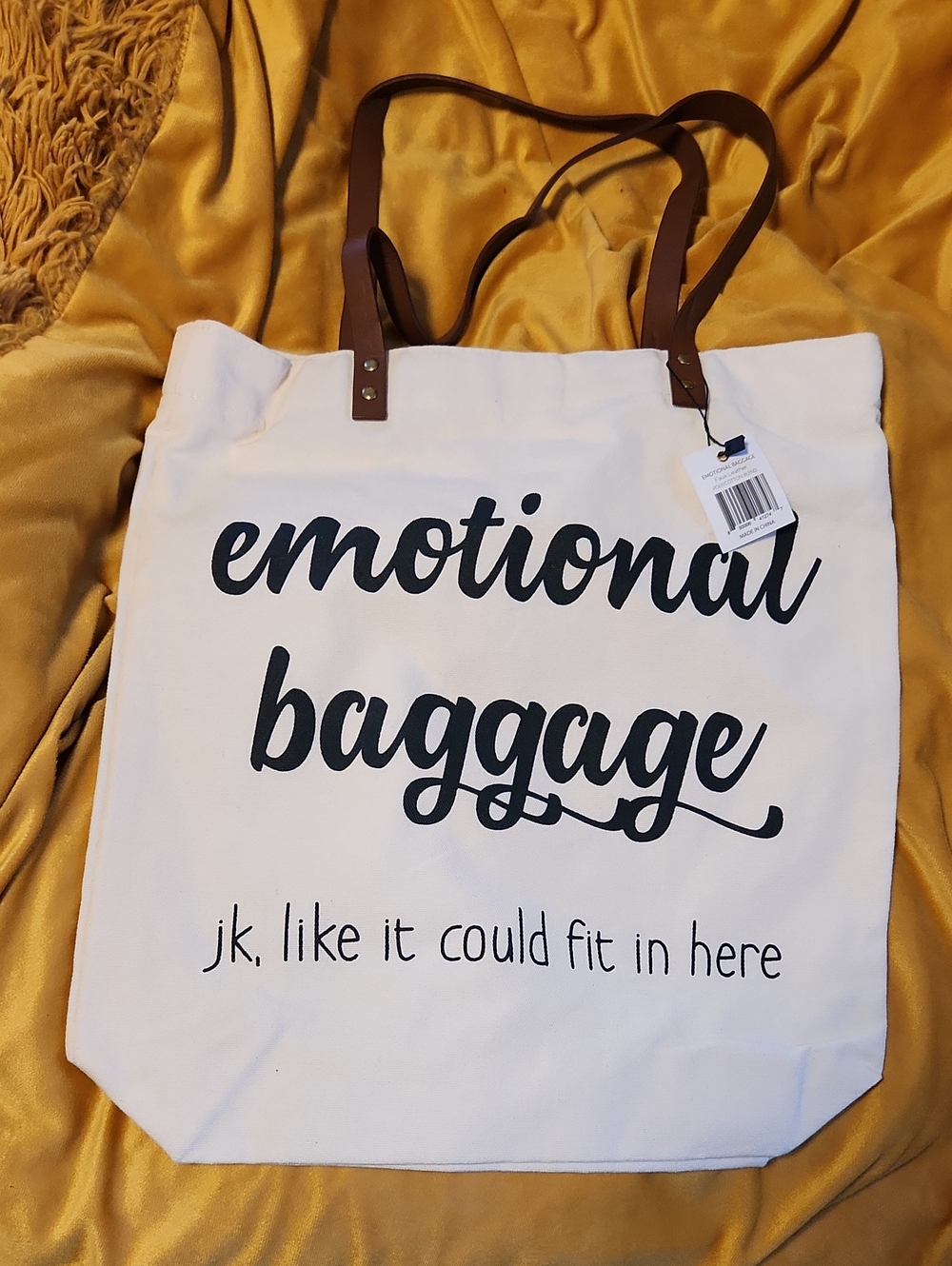 Emotional Baggage Canvas Tote — White with Brown Straps